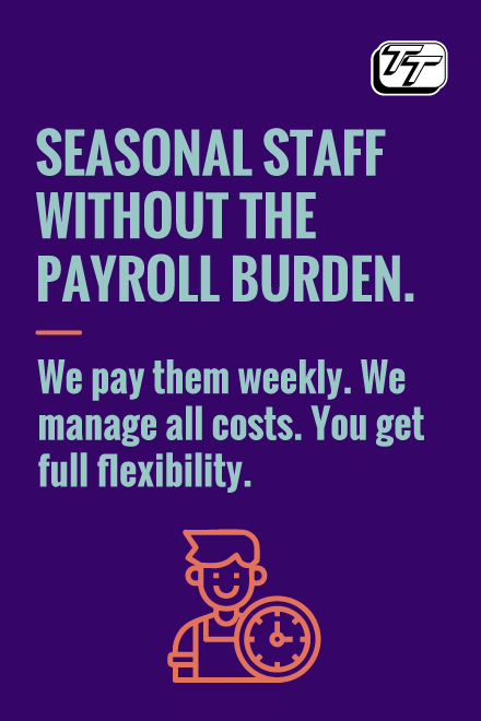 Seasonal staff without the payroll burden. We pay them weekly. We manage all costs. You get full flexibility.